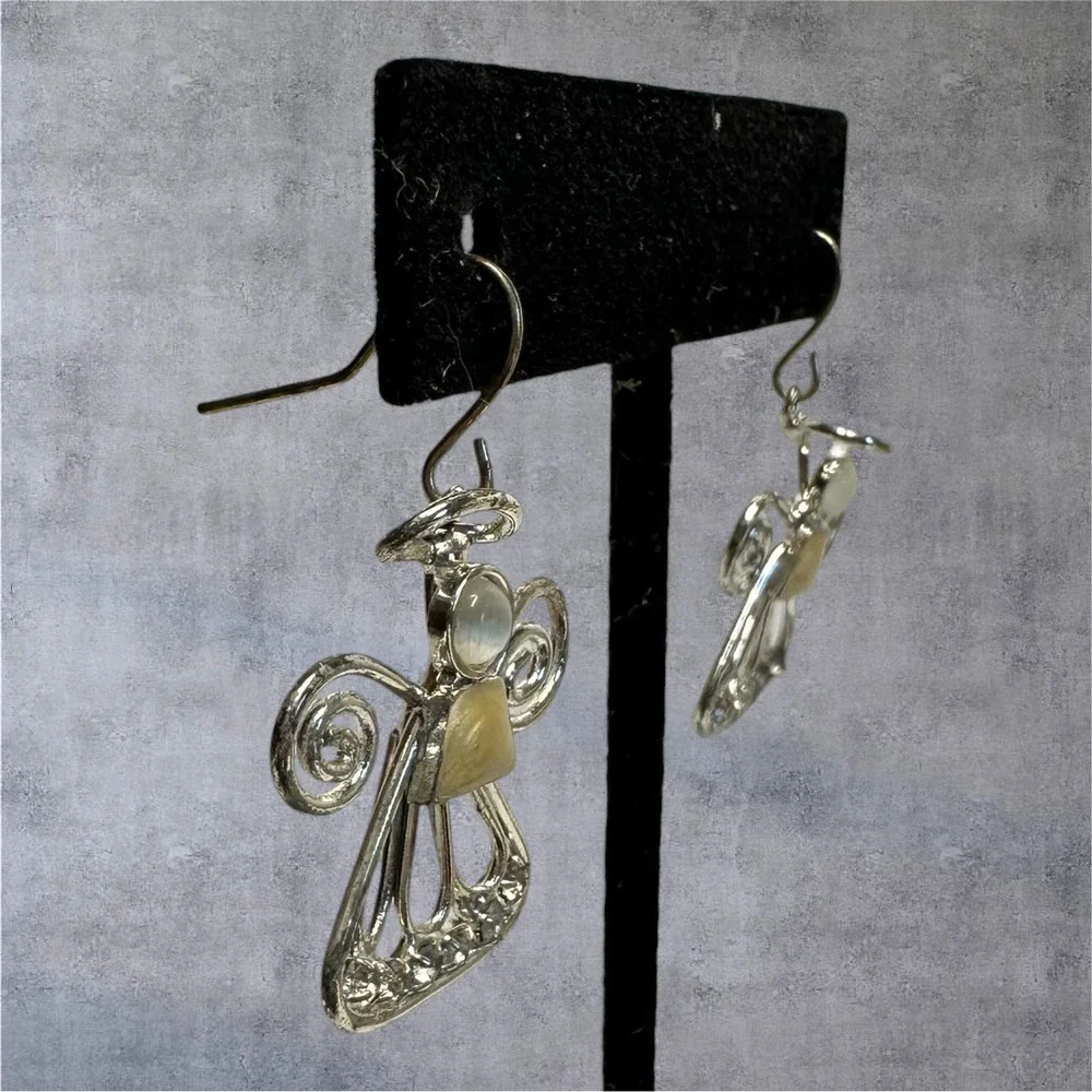 Angel Drop Earrings‎ Womens Silver Tone Yellow Enamle Clear Rhinestone Dangle
